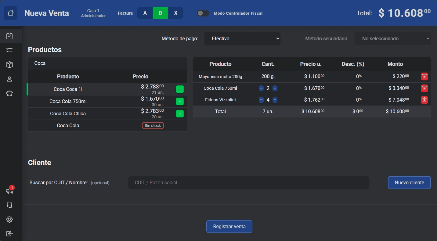 Pantalla de nueva venta en MagicFlow